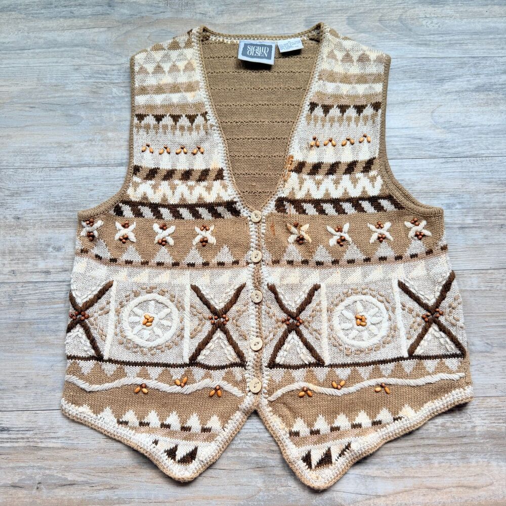 Vintage Knit Sweater Vest Medium Beaded Boho Cottagecore Ramie Cotton